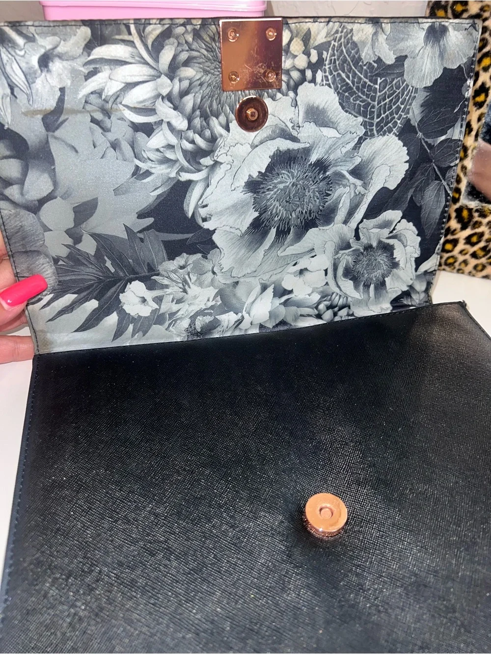 TED BAKER Black saffiano envelope-style clutch dual rose-gold zipper accent